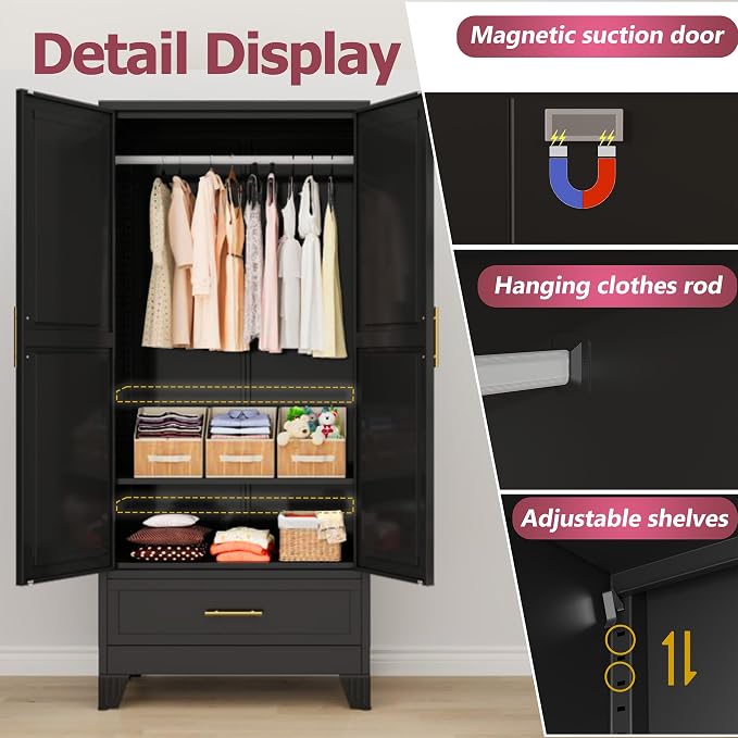 GAIOUS Metal Armoire Wardrobe Closet Cabinet with 2 Doors and Drawer, 71" | Household Wardrobe Cabinet with Hanging Rod, Clothing Storage Cabinet with Adjustable Shelf for Bedroom Cloak Room Gym Black