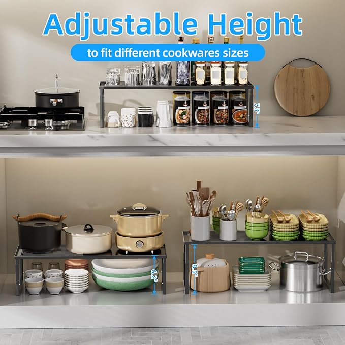Cabinet Shelf, 2 Pack Expandable Shelf for Kitchen Storage | Stackable & Height Adjustable Cabinet Organizer Shelf | Metal Shelf Organizer | Black Spice Rack for Pantry Storage