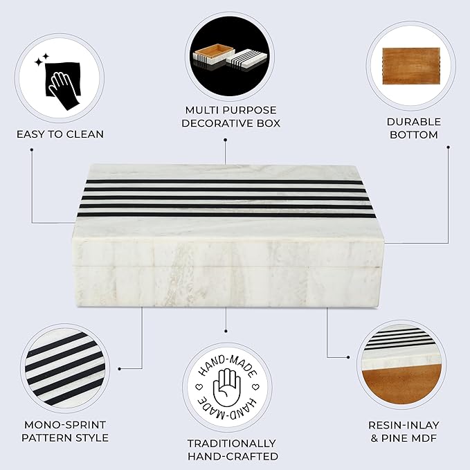 Handicrafts Home Large Decorative Storage Box with Lid – Black White Modern Storage Box, Remote Control Organizer for Coffee Table, Console & Living Room Decor – Mono Sprint 12 x 6 x 2