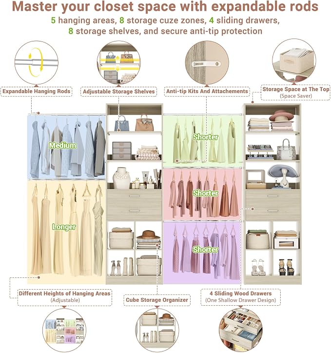 Besiost Closet System, 7.4ft-10ft with 4 Wooden Drawers and 5 Hanging Rods, Can Fit 88 to 123 inch Walk-in Closet System, White Oak