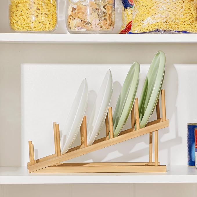 HBlife Step Bamboo Wooden Dish Drying Rack Kitchen Plate Display Stand | Plate/Dish/Book/File/Bowl/Cup/Cutting Board/Pot Lid Organizer, For Home & Kitchen Counter, Office, Display Cabinet