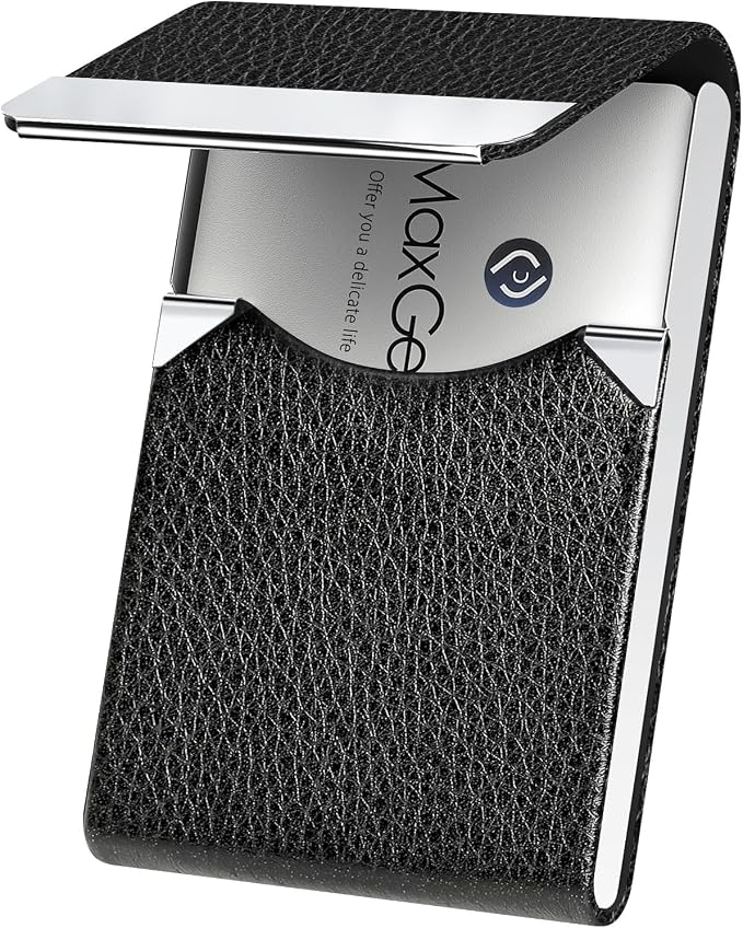 MaxGear Business Card Holder, PU Leather Business Card Case Pocket Card Holders for Men or Women, Metal Slim Name Card Holder RFID Blocking Business Card Carrier with Magnetic Closure, Black