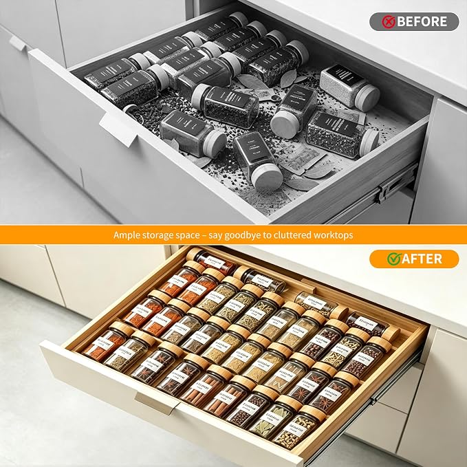 Bamboo Spice Drawer Organizer Expandable(Fits 2.6” Deep Drawers), 4-Tier Spice Rack Drawer Insert for Kitchen Cabinets(12" - 21.9" Width), Adjustable Seasoning Storage Insert (Jars Not Included)
