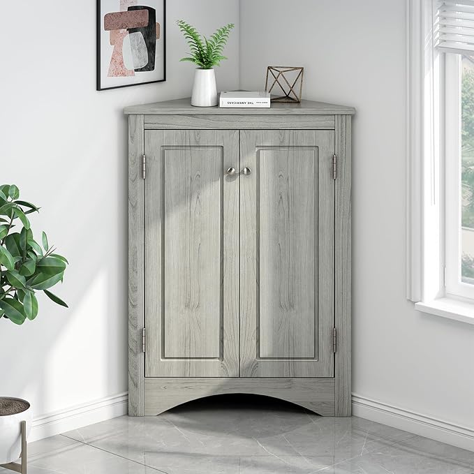 Corner Storage Cabinet with Adjustable Shelves, Triangle Bathroom & Kitchen Organizer, Freestanding Floor Cabinet for Toilet Kitchen Bathroom Cleaning Supplies (Oak)