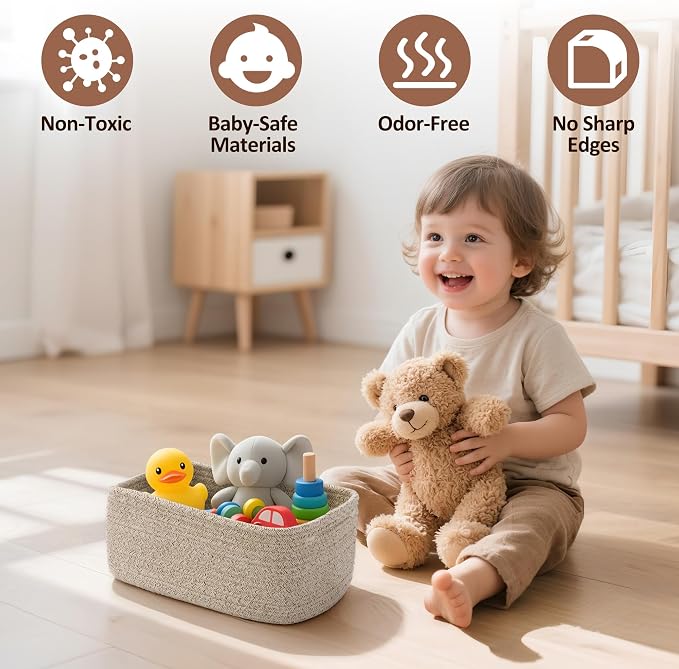 5-Pack Small Woven Rope Storage Baskets, 2 Sizes Organizer Bins | Fabric Cube Boxes and Rectangular Shallow Bins for Closet, Shelf, Bookshelf, Nursery, Changing Table, Bathroom, Toys & Home
