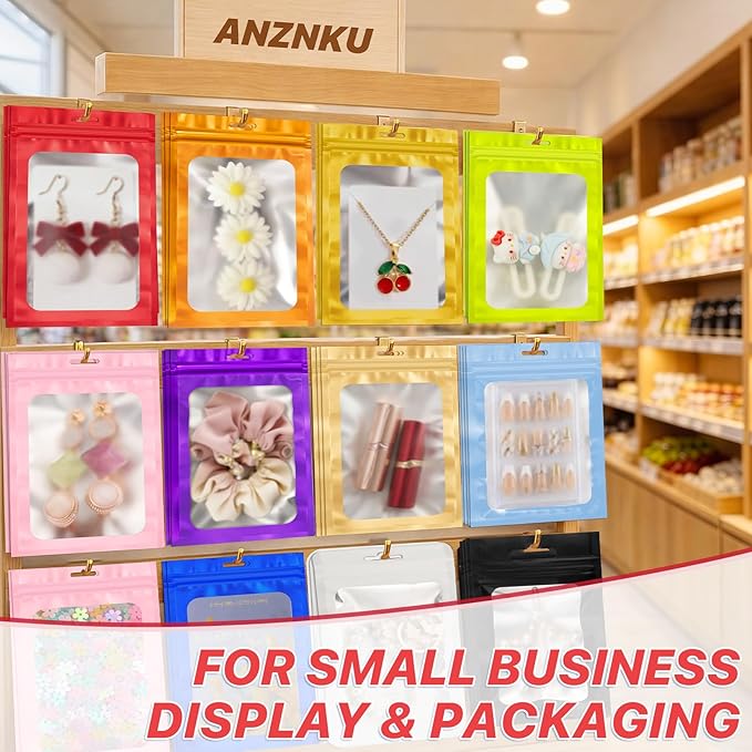 100 PCS Resealable Bags with Frosted Clear Window Bags Small Packaging Bag Foil Pouch Zipper Bag for Food Self Sealing Storage Supplies Treat (Red, 3.14x5.11)