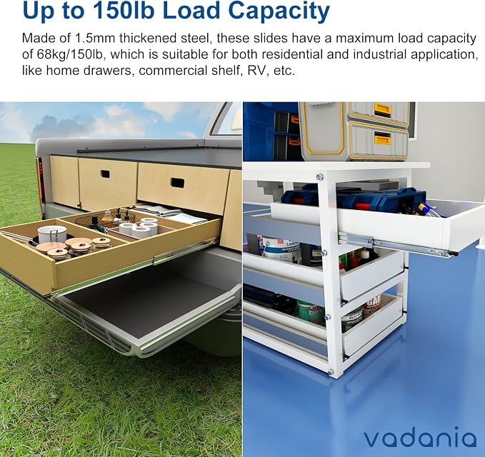 VADANIA #D51 22" Heavy Duty Locking Drawer Slide with Lock, 1-Pair | 150lb Load Capacity, 3-Fold Full Extension, Detachable, Ball Bearing Lock-in & Lock-Out, Side Mount