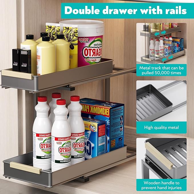 AndUp Under Sink Organizer, 2 Tiers Pull Out Bathroom Organizers and Storage, Slide Out Cabinet Organizer Shelf for Kitchen Bathroom, Multi-Purpose Collection Organizer Drawer Shelf (Gray, 1pcs)