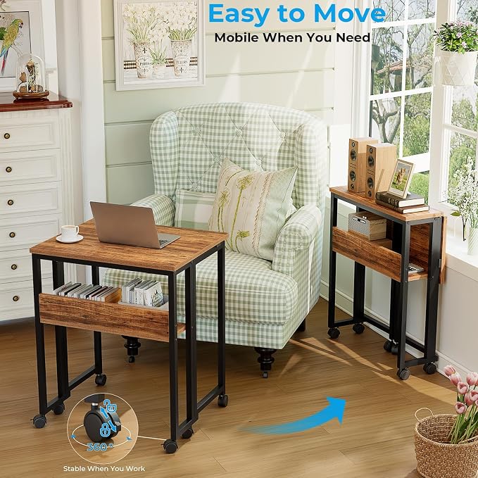 GreenForest Folding Desk with Wheels, 31.5" Rolling Table for Small Spaces | Storage Shelf, Lockable Casters, Compact Portable Workstation, Space-Saving Foldable Sofa Table, Home Office, Mobile, Walnut