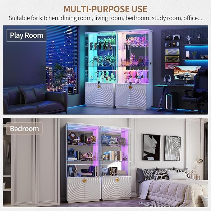 Lvifur 71'' Display Cabinet with Glass Doors,4-Tier Curio Cabinet with 3-Color Lights for Collectibles,Lockable Glass Display Case Human Body Sensor,Tall Bookcase w/Shelves&Drawers,White