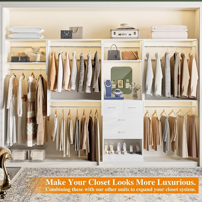 Unikito 36” - 96” Closet System, 8FT Walk in Closet Organizer Starter Kit with 5 Hanging Rods and 3 Shelves, Heavy Duty Reversible Wood Clothing Racks, Cut Be Cut to Fit, Max Load 1200 LBS, White