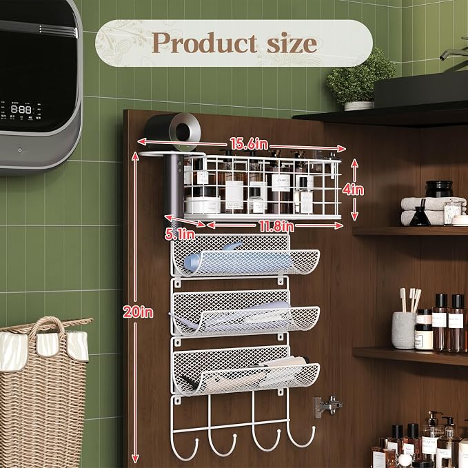 Wall-Mounted Hair Dryer Holder Styling Tool Organizer 4-Shelf Storage Wire Basket with Hook Heat Safe Rack for Hair-Straighteners,Curling Wands,Flat Iron,Cabinet Door Bathroom Kitchen White