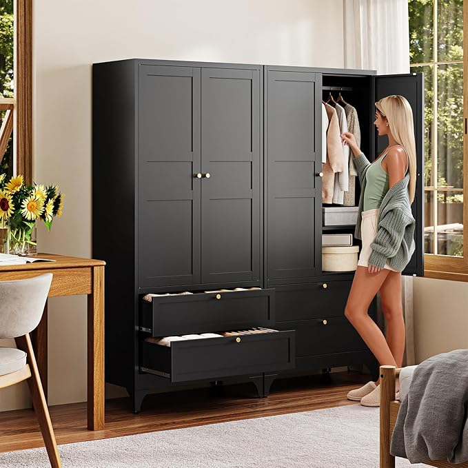 Letaya Metal Armoire Wardrobe Closet with 2 Drawers,18" Deep Clothing Storage Cabinet with Doors and Shelves,Coat Closet with Hanging Rod,Bedroom,Home,Cloak Room-Black