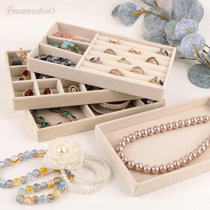 Framendino, 4 Pack Beige Velvet Jewelry Trays Stackable Organizer Drawer Inserts Container Display Case for Earrings Bracelets Necklace