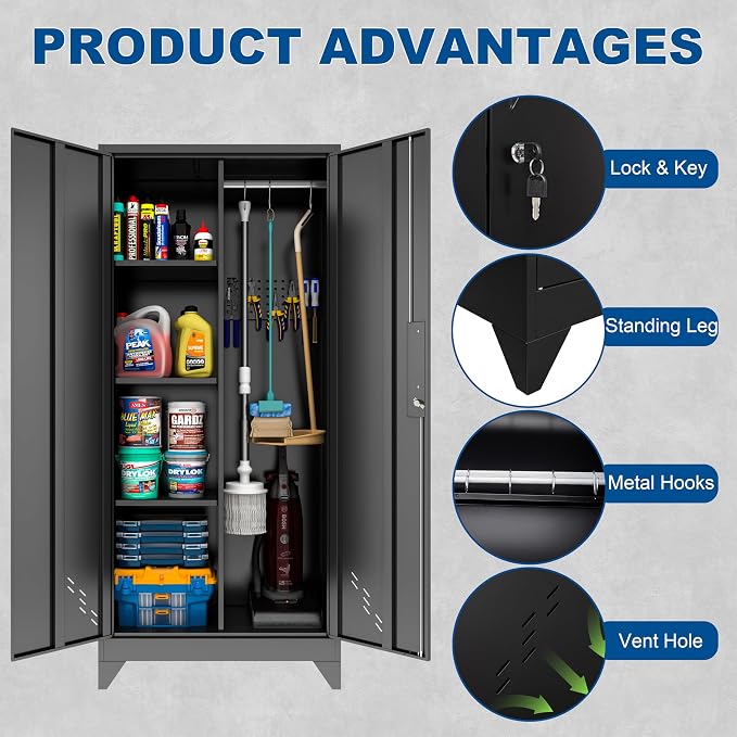 Metal Garage Storage Cabinets with Lock, Cabinet with Pegboard & Hanging Rod, Broom Closet Storage Cabinets, Black Lockable Steel Tool Cabinet for Home,Garage,Utility Room