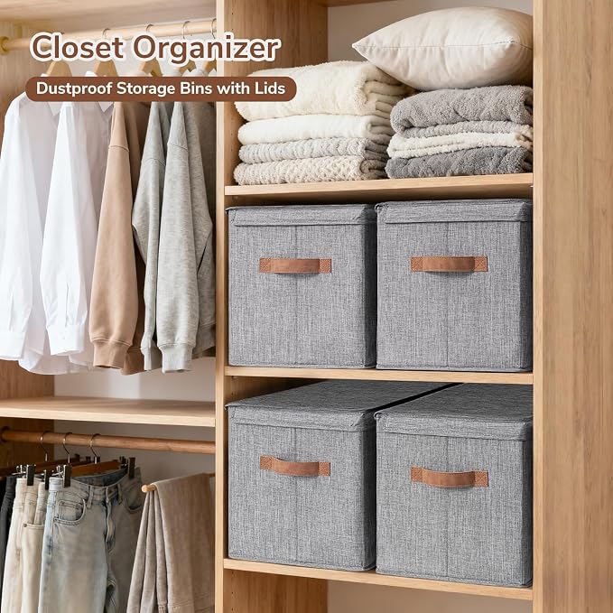 CHICVITA 4-Pack Large Storage Bins with Lids, Fabric Storage Boxes for Organizing, Decorative Storage Boxes with Handles for Clothes Toy, Grey
