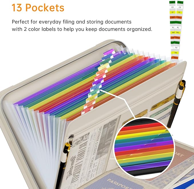 Waterproof Fireproof Accordion File Organizer with 13 Pocket Expanding File Folder for Letter A4 Files (Colorful, Pockets, Beige with Handle)