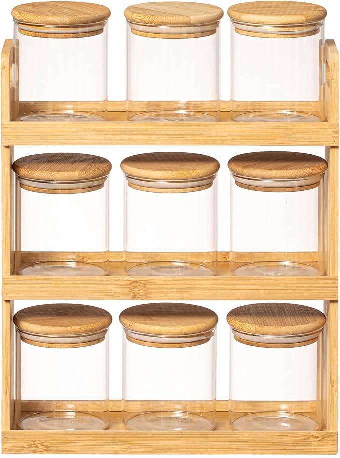Basicwise Versatile 3-Tier Bamboo Spice Rack and Pantry Organizer with 9 Glass Jars – Perfect for Countertop Storage in Kitchens to Keep Seasoning Containers Neatly Displayed and Easily Accessible