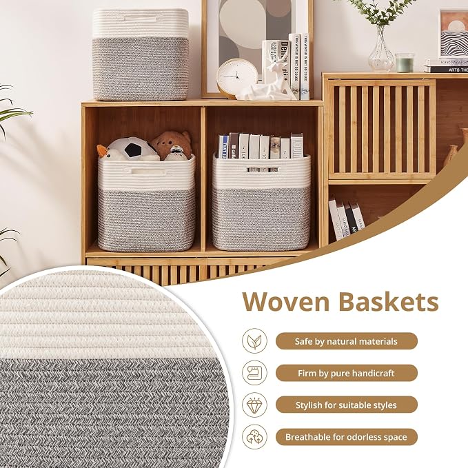 OIAHOMY Cotton Rope Woven Baskets for Organizing 3-Pack 13x15x12.6IN Closet Storage Bins for Clothes Rectangular Storage Baskets for Kids Toy Bins, Living Room Baby Nursery - White & Grey