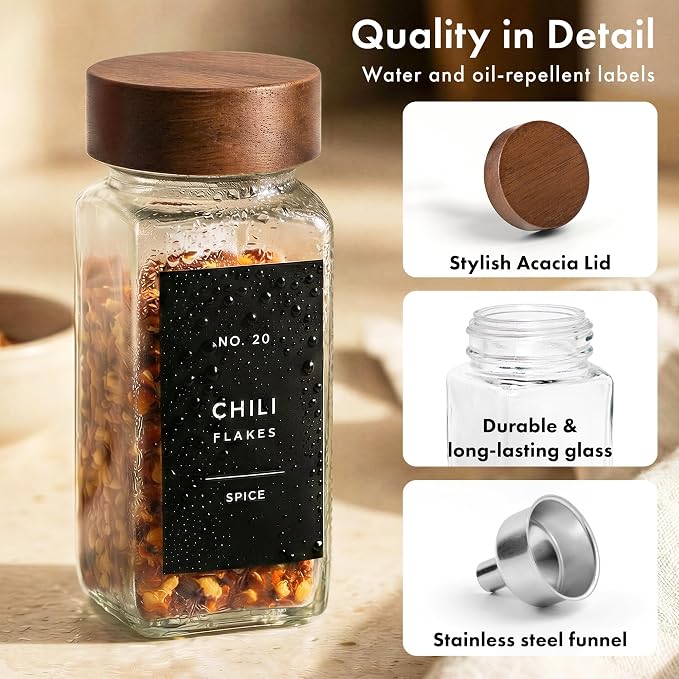 EDELHAUS Glass Spice Jars with Label, 24x Acacia Wooden Lids - Black Labels | Airtight Lids keep spices fresh, Kitchen Spice Drawer Organizer, 4oz Seasoning Containers incl. Funnel, Brush & 240 Labels