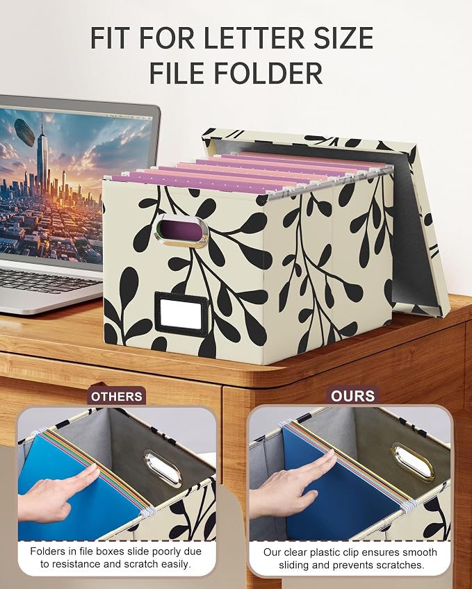 Oterri File Organizer with Lid, File Box, File Cabinet for Letter File Folder Storage, Hanging File Organizer for Office/Decor/Home,Document Organizer, 1 Pack,Leaf Black/Cream-Box Only