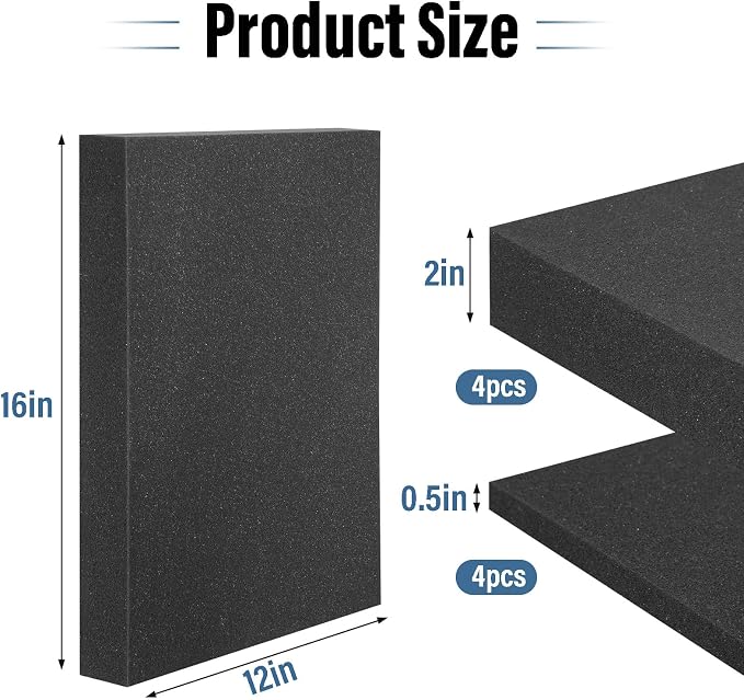 8pcs High Density Packing Foam Sheets, 2 Size Black Polyurethane Foam Padding, Cushioning Foam Inserts for Cases, Shipping, Storage Drawer (4pcs 16" X 12" X 0.5", 4pcs 16" X 12" X 2")