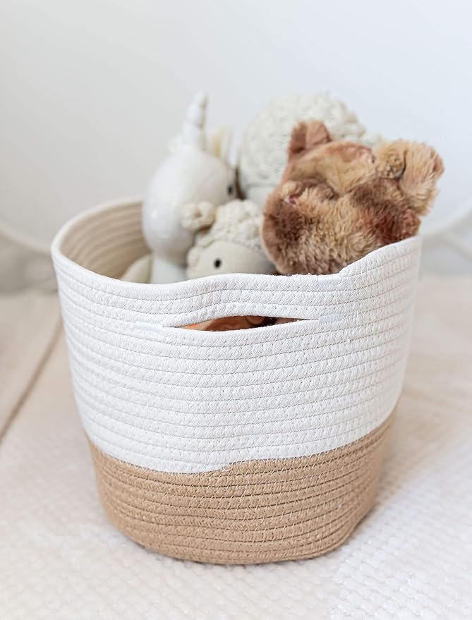 Honey Cotton Rope Baskets for Shelves, Set of 3 - 15"×10"×9½" - Woven Storage Baskets for Organizing - Closet, Nursery, Bedroom, Playroom - Toys, Books, Towels, Clothes