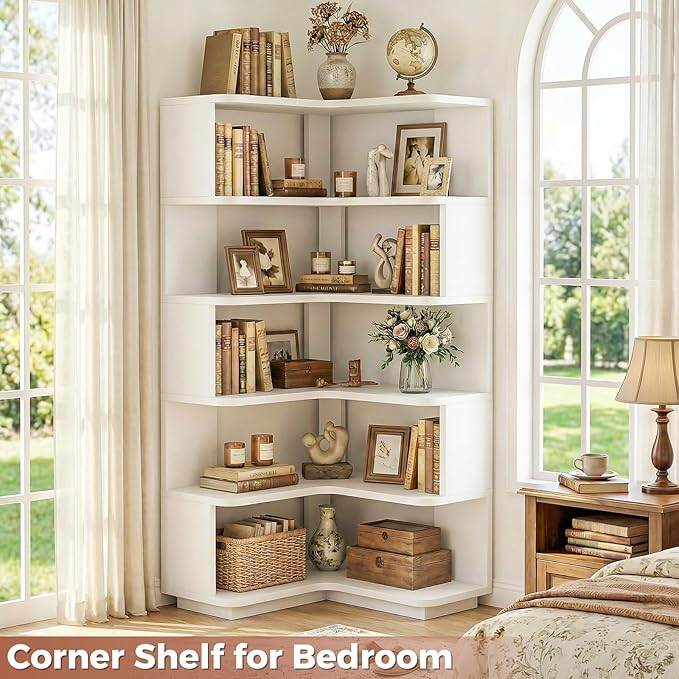 Besiost Corner Book Shelf, 6-Shelf Corner Bookshelf for Small Corner Spaces, L-Shape Bookcase Corner Display Shelf for Home Office, Living Room, Bedroom, White