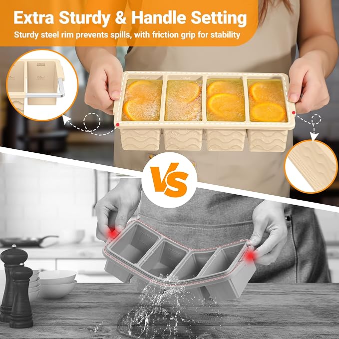 Silicone Freezer Molds for Soup with Lid, 1-Cup & 2-Cup Large Ice Cube Trays Food Storage Containers for Meal Prep, Freeze 500mL/250mL/125mL Portions – 2 Pack