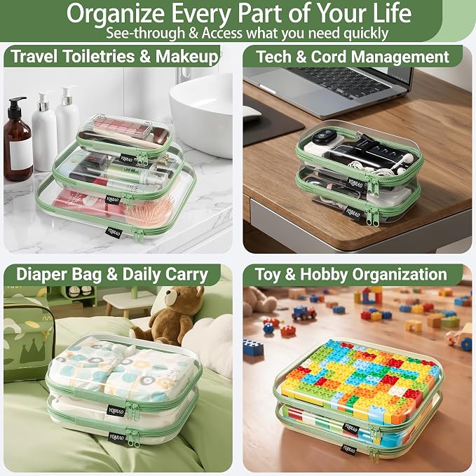 YQBRAO 3-Pack Large Clear Hard Shell Zipper Case, 1.2mm Ultra-Thick Rigid Toy & Closet Organizer, Heavy-Duty Diaper Bag Pouch Set with YKK Zippers, Waterproof Travel Storage (Green)