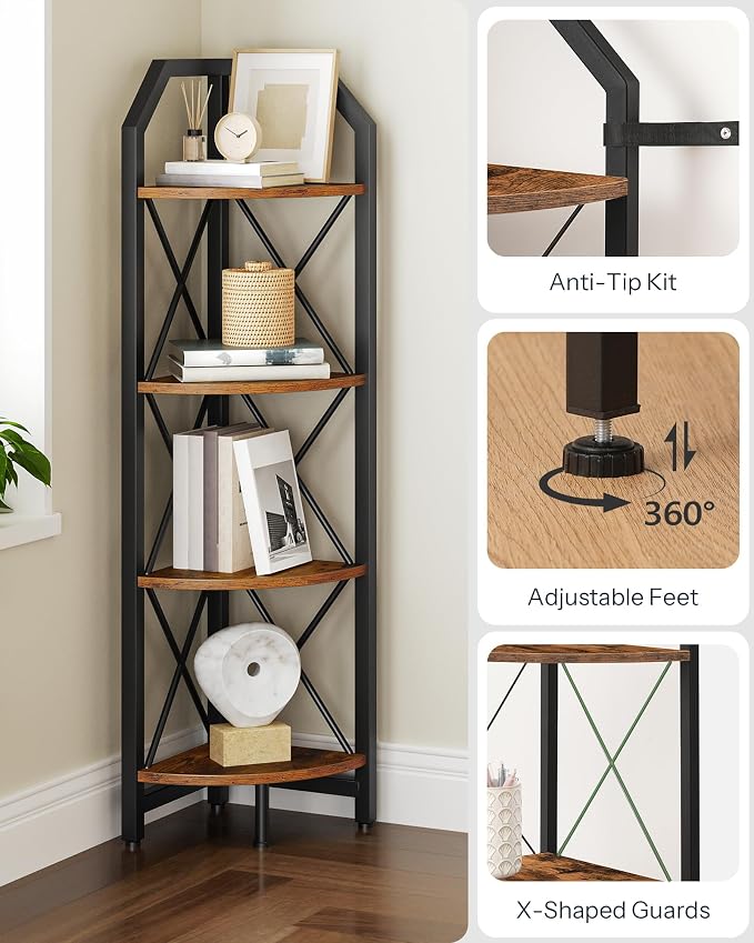 CHOEZON 47.6" Corner Shelf, 4-Tier Industrial Corner Bookshelf, Corner Storage Stand, Corner Bookcase for Bedroom, Living Room, Home Office, Rustic Brown and Black TCJ09BF