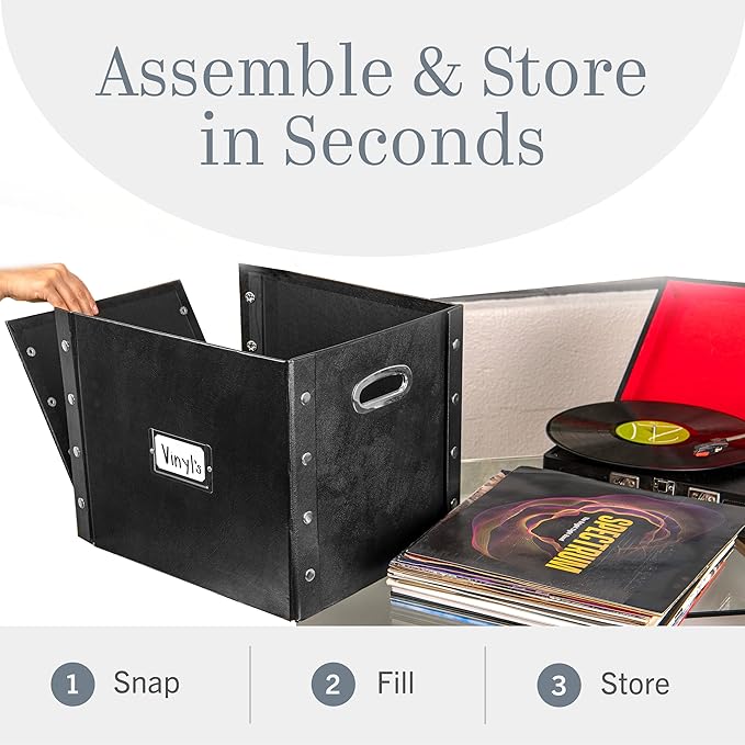 Vinyl Record Storage Box - 12" - 1 Pack- Crate Holds up to 75 Vinyl Albums - Black