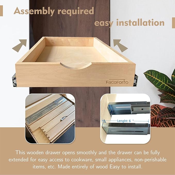 Kitchen Cabinet Organizer, Fully Assembled Drawer Wood Pull Out Tray Drawer Box Cabinet Slide Out Shelve, Wooden Pull-Out Shelf (W15''×D21''×H3'')