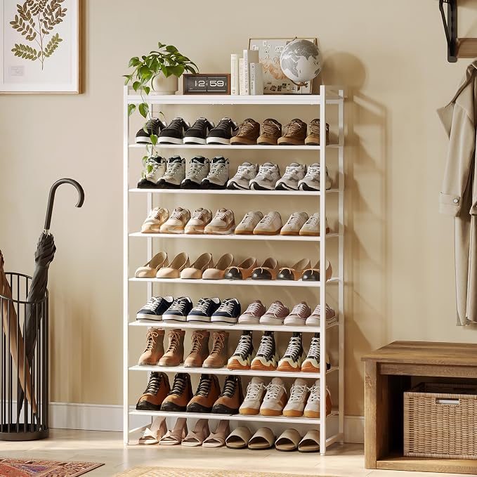 8 Tier Shoe Rack Organizer for 32-40 Pairs, Tall Metal Shoe Storage Shelf with Wood Top, Adjustable Boot Space, Narrow Design for Entryway Closet,White