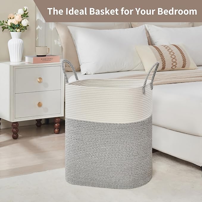 AINUOQI Laundry Basket with Handles - Blanket Basket & Hampers for Bedroom Aesthetic, Laundry Hamper & Blanket Storage for Living Room, Clothes Hamper, Tall,Large 21.7" x 16.9" x 11.8”, Light Grey