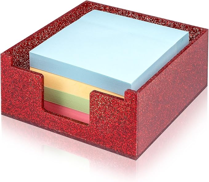 Acrylic Sticky Note Holder 4x4in Tray for Desk, Red Glitter | Sparkling glitter acrylic tray, fits 3x3 sticky notes, compact organizer for office school and home