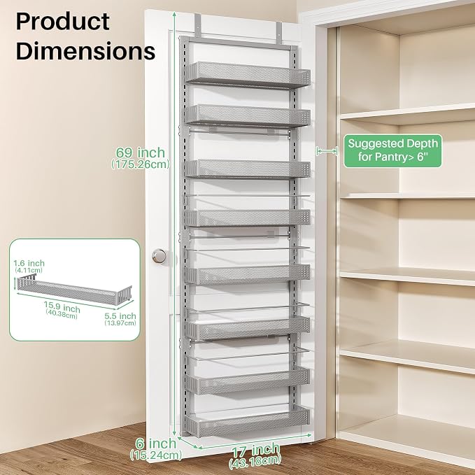 SNTD 8 Tiers Over the Door Organizer - Height Adjustable Pantry Organizers and Storage with Dense Mesh Baskets, Anti-Swing Hanging Door Spice Rack for Kitchen Bathroom (Grey, 17" W x 6" D x 69" H)