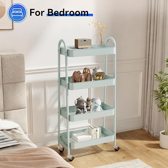 NEWBULIG 4-Tier Metal Rolling Cart with Lockable Wheels, Heavy Duty Mobile Utility Storage Shelf, Roller Book Snack Cart, Organization for Livingroom, Bathroom, Office, Green