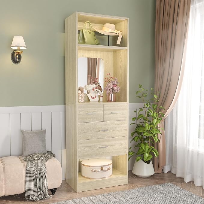 Unikito 2FT Closet System with 4 Drawers, 25 Inch Wood Closets Organizer with Storage Shelves and Mirror Design, Freestanding Sturdy Walk in Closet Tower for Bedroom, 25" W x 16" D x 80" H, White Oak