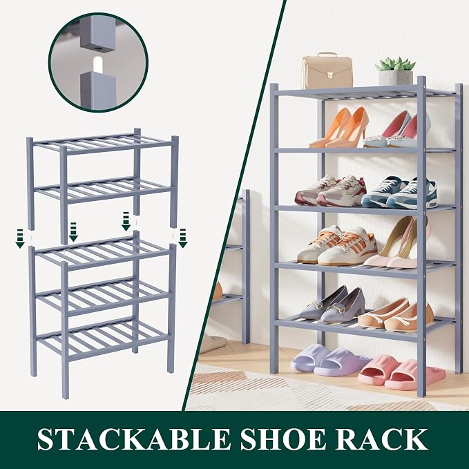 Smiry Bamboo Shoe Rack for Closet, 6 Tier Small Wooden Shoe Organizer, Stackable Wood Shoe Storage Shelf for Entryway, 14 Vertical Slats, 3+3 Stack Heavy-Duty Legs, 17.32"x11.02"x36.61", Grey