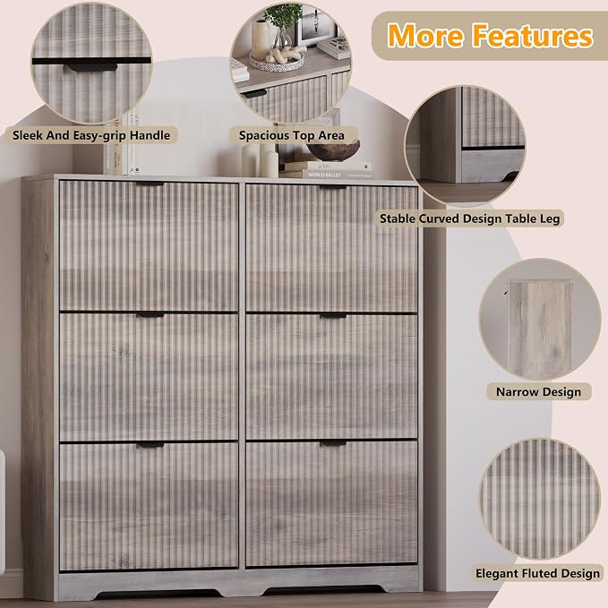 BORNOON Large Shoe Cabinet for Entryway, Tall Narrow Shoe Storage Cabinet with 6 Flip Drawers and Adjustable Shelves, Shoe Rack Cabinet Organizer for Hallway, Foyer, Small Apartment