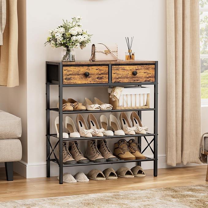 Shoe Rack for Entryway, 4 Tier Shoe Organizer with 2 Non-woven Drawers, Metal Storage Shoe Shelf for 12-16 Pairs of Shoes, with Wooden Top and Steel Frame, Shoe Stand for Closet Rustic Brown