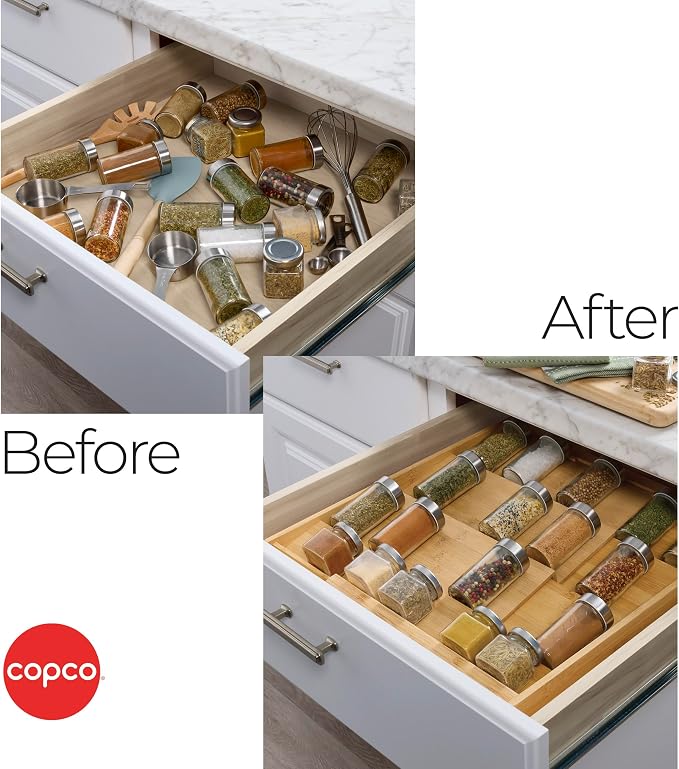 Copco Bamboo Expandable Spice Organizer Drawer and Counter Lazy Susan Turntable Style Tiered Rack - Adjustable 4-Tier Natural Wood Kitchen Spice Storage Organizer for Cabinet, Pantry, or Bathroom
