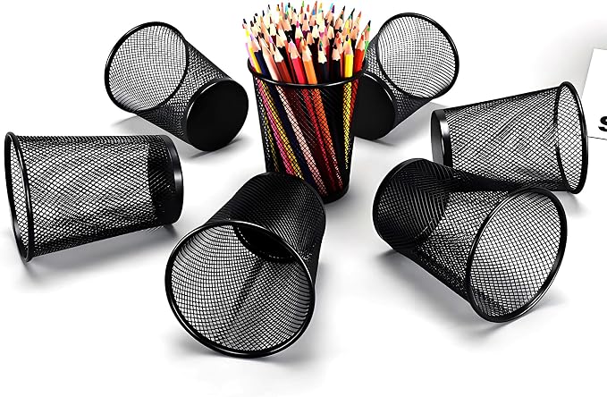 AIMI Pencil Case 5pcs Large Capacity Container Metal Mesh Pen Cup Office School Home Desk Pen Storage Organizer Can Makeup Holder Round Black