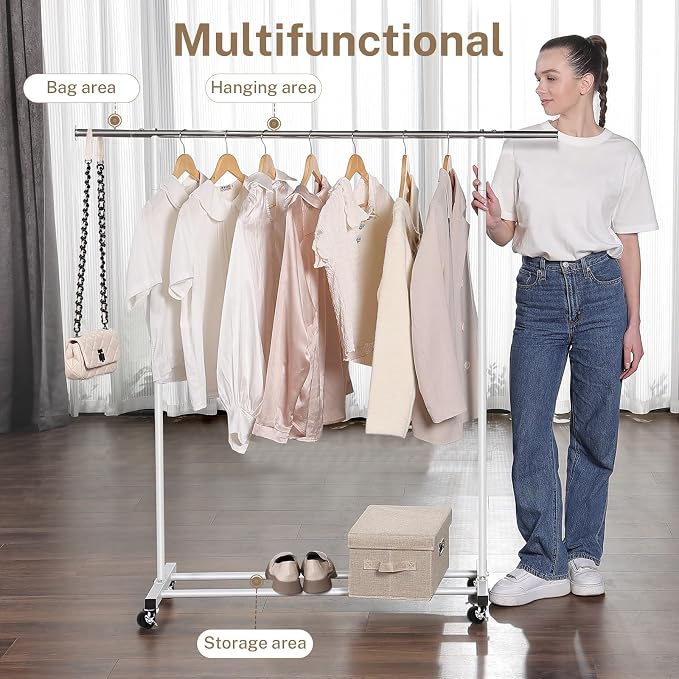 VICERII Clothes Rack, 130LB Capacity Heavy Duty Clothing Rack with Wheels and Bottom Shelf, 52.17 Inch Rolling Racks for Hanging Clothes, Coats, Shirts, Sweaters, Skirts, Dress, White