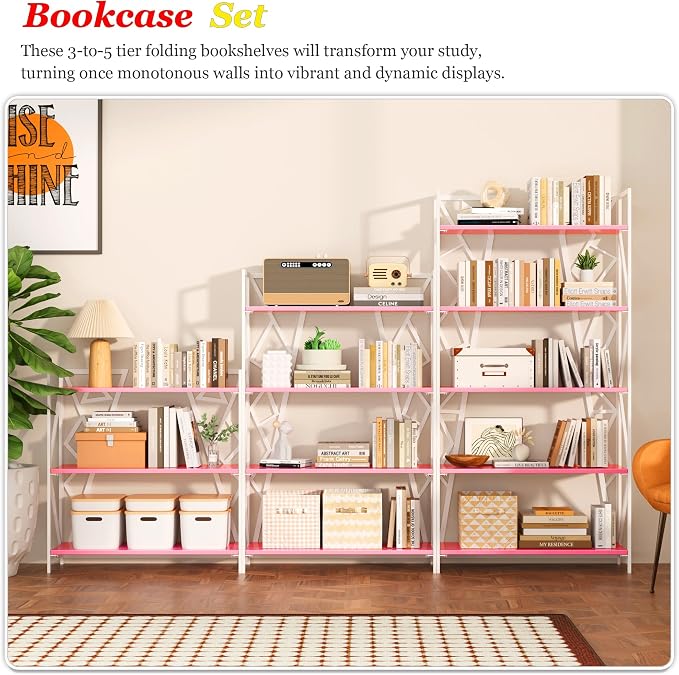 UDD No Assembly Wide Folding Bookshelf, 34" H x 30.9" W, 3 Tier Foldable Book Shelf Industrial Bookcase, Vintage Collapsible Storage Shelves for Home Office Living Room Bedroom, Pink White