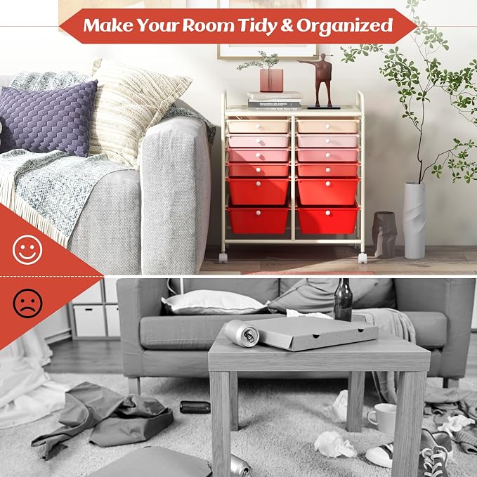 DREAMADE Mixed-pink 12-Drawer Rolling Storage Cart with Removable Drawers, Metal Frame, Polypropylene Drawers, Lockable Wheels