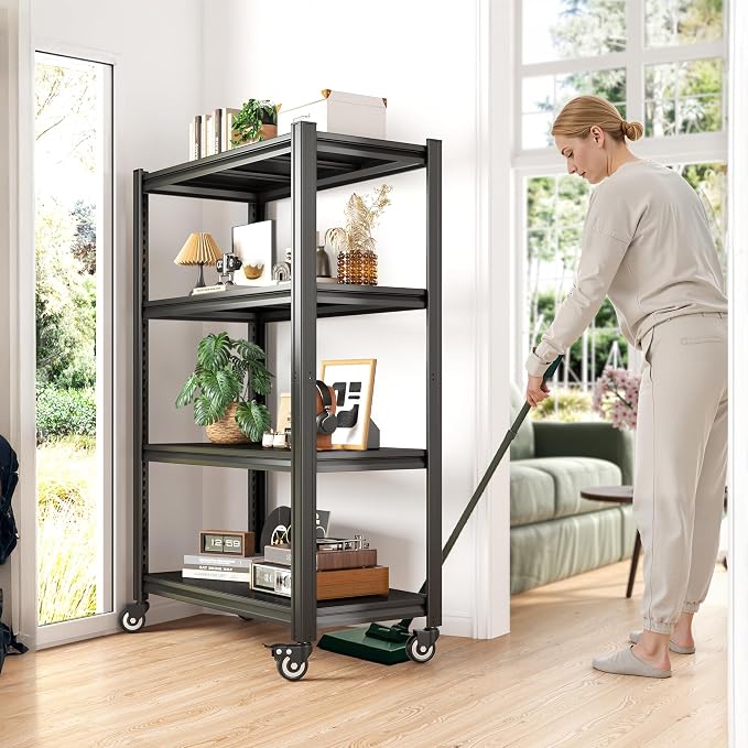 REIBII Rolling Storage Shelves Adjustable Shelf for Kitchen Office | 2080 LBS capacity,59.8" H x 31.5" W x 16.5" D,4 Tier,Black,Solid metal panels，360°wheels with lock,Boltless 10min assembly