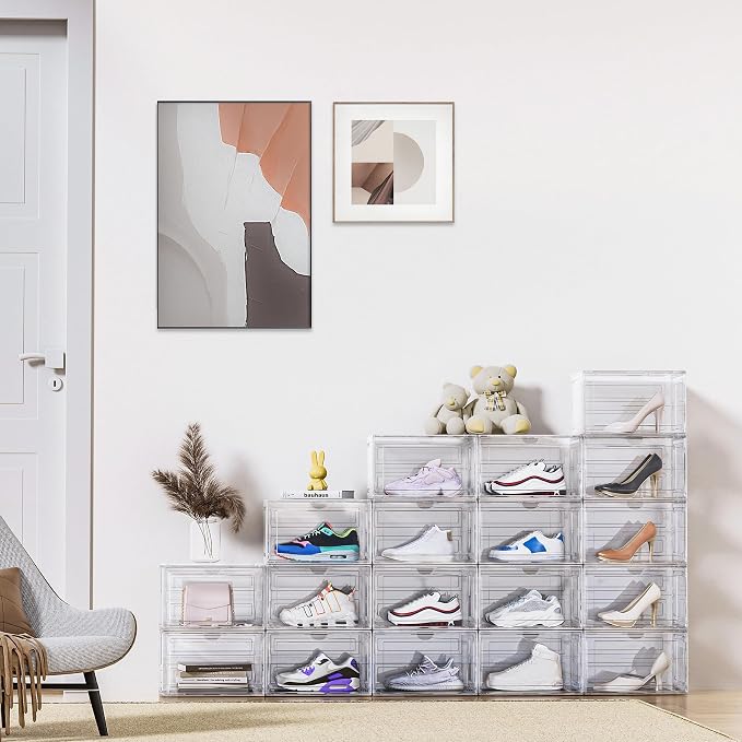 XL Shoe Storage Box,8 Pack Drop Side Shoe Boxes Clear Plastic Stackable,Sneaker Display Case with Magnetic Door Fit up to US 13（13.4”x 10.6”x 8.3”(8 Pack Clear)