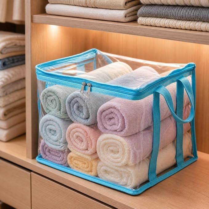Large Clear Thick Plastic Storage Box with Hinged Lid, Heavy-Duty Durable High Capacity Organizer, Foldable Storage Box,Perfect for Home, Camping, Travel, Attic & Moving (Blue-L-3)